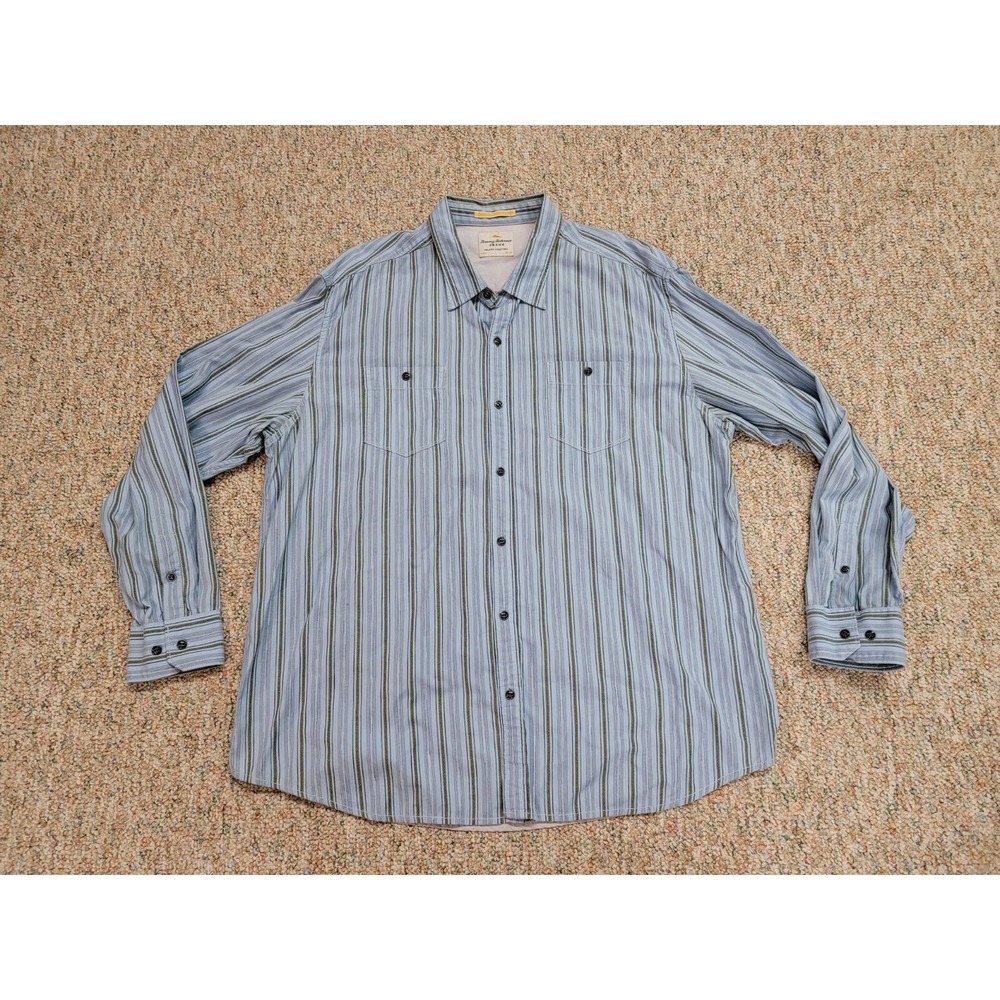 Tommy Bahama Shirt Mens 2XL Blue Striped Island Crafted Button Down Casual Beach